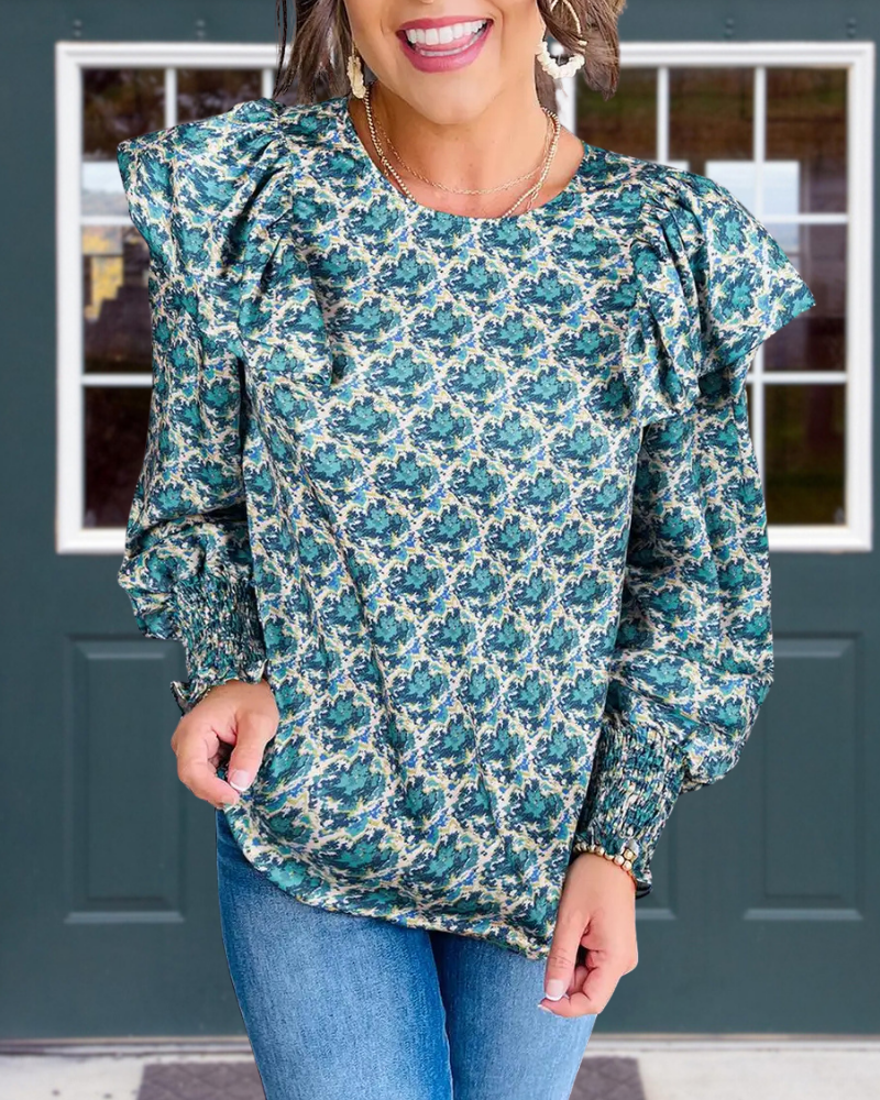 Abstract Print Ruffle Blouse