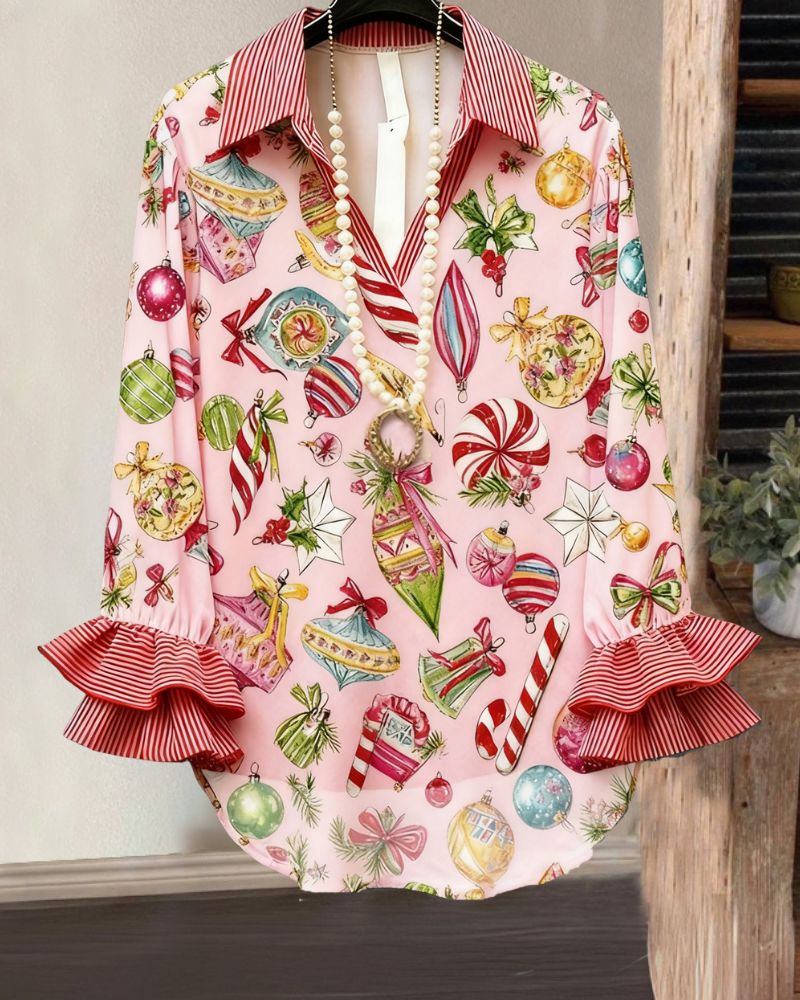 Christmas Themed Gift Striped Trim Top