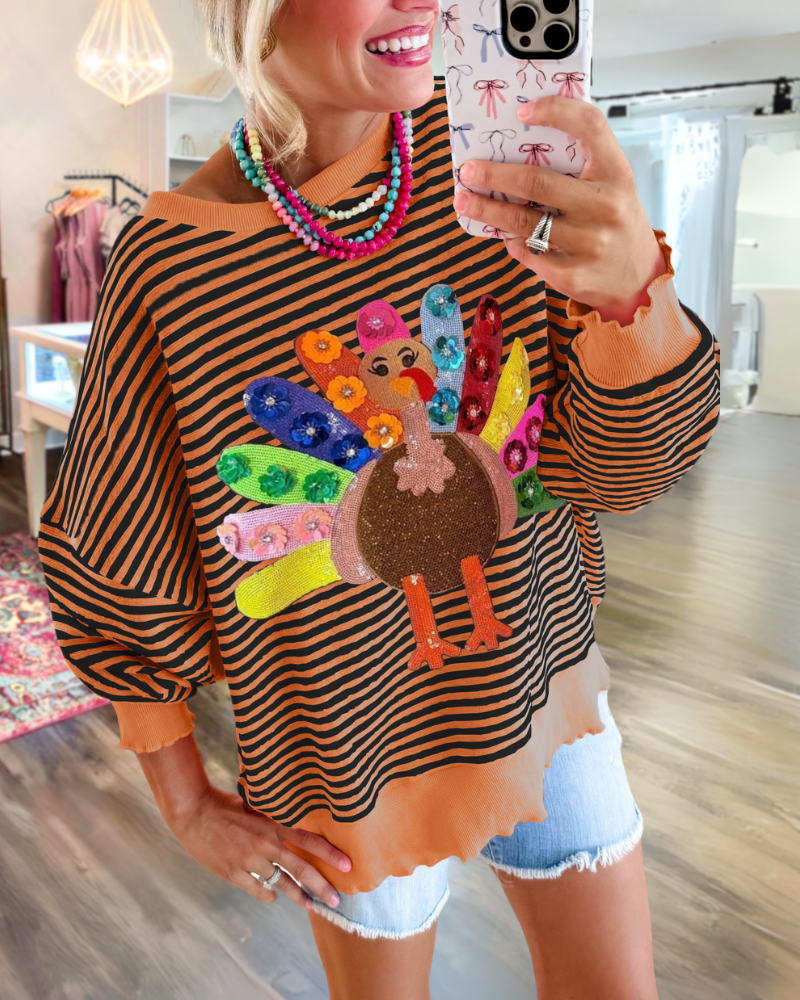 Oversized Turkey Sequin Stripe Sweatshirt