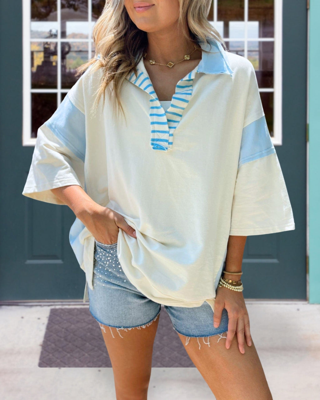 Colorblock Oversized Collared Pullover