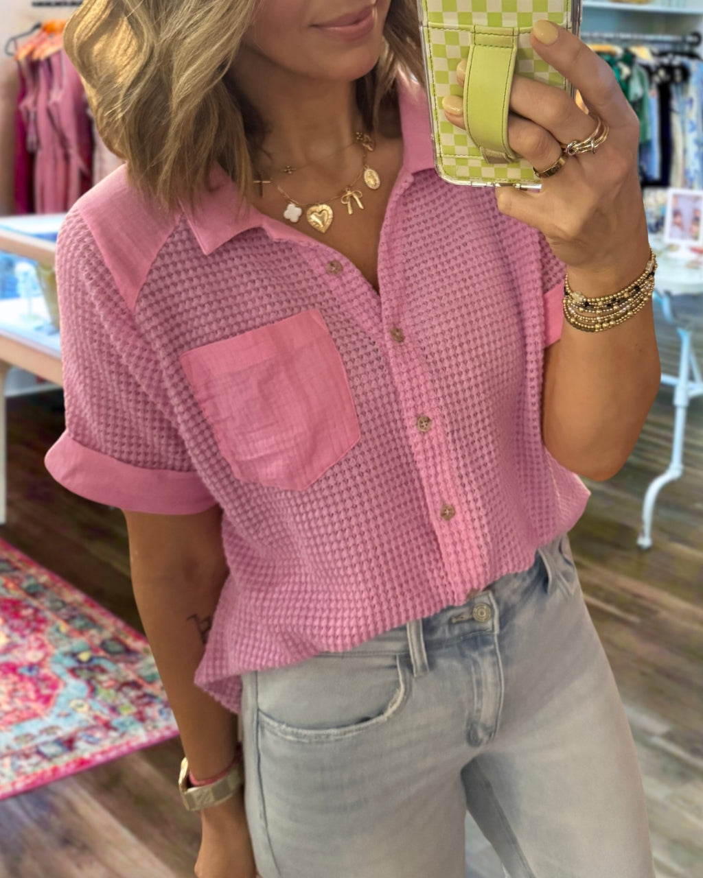 Gauze Waffle Button Down Top