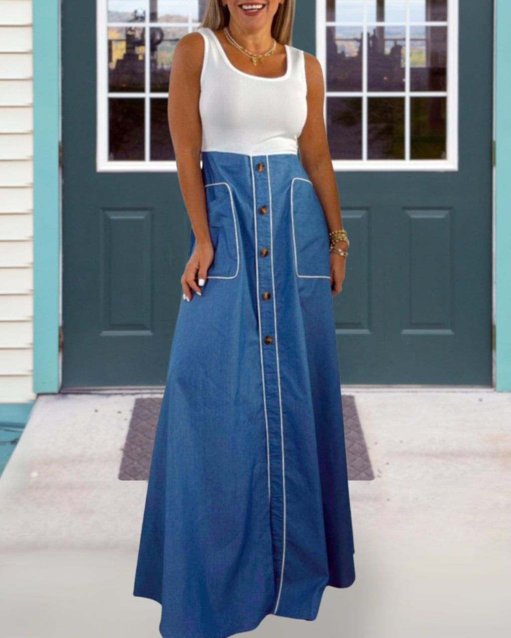 Tank Patchwork Denim Maxi Dress