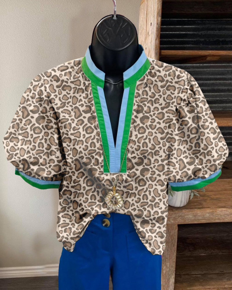 Stylish Leopard Stripe Trim V-Neck Top