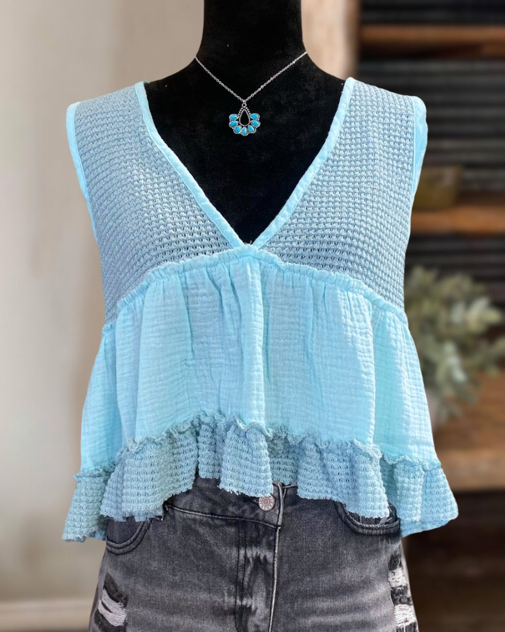 Light Blue V-neck Ruffle Tank