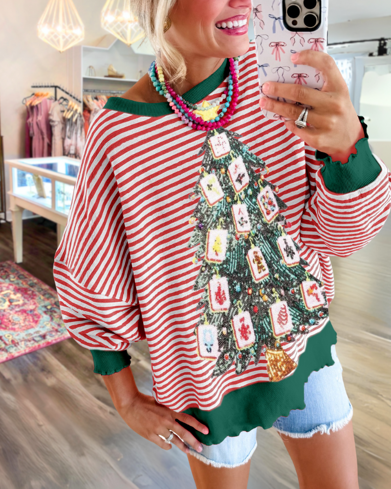 Christmas Mahjong Sequin Striped Sweatshirt
