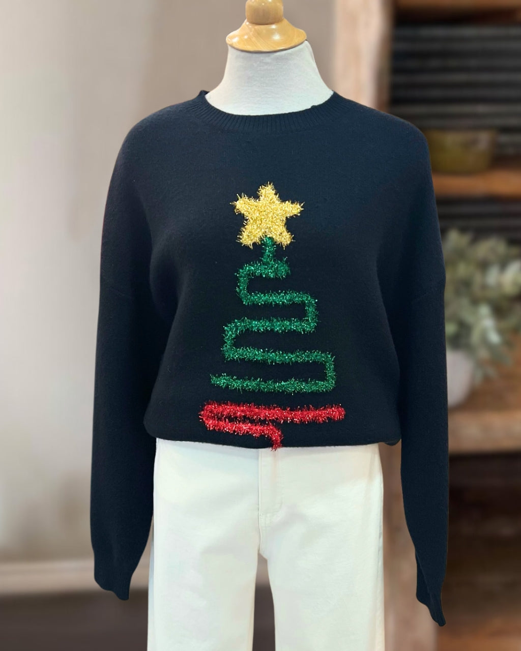 Christmas Tree Line Embroidered Pullover
