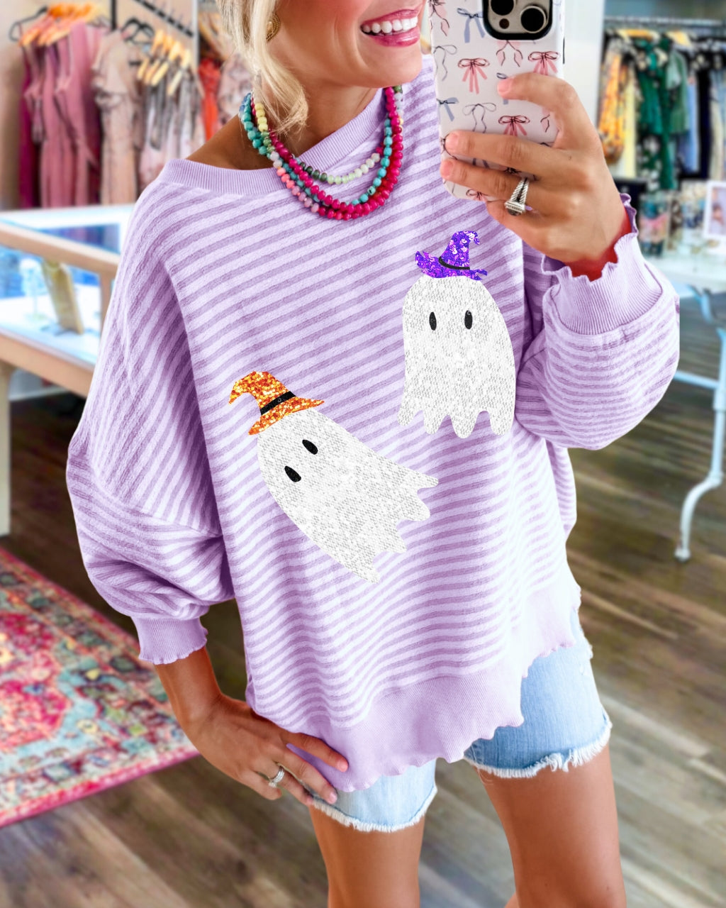 Sequin Ghost Striped Pullover
