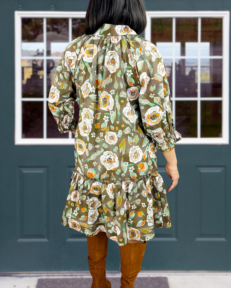 Retro Floral Ruffled V-Neck Mini Dress