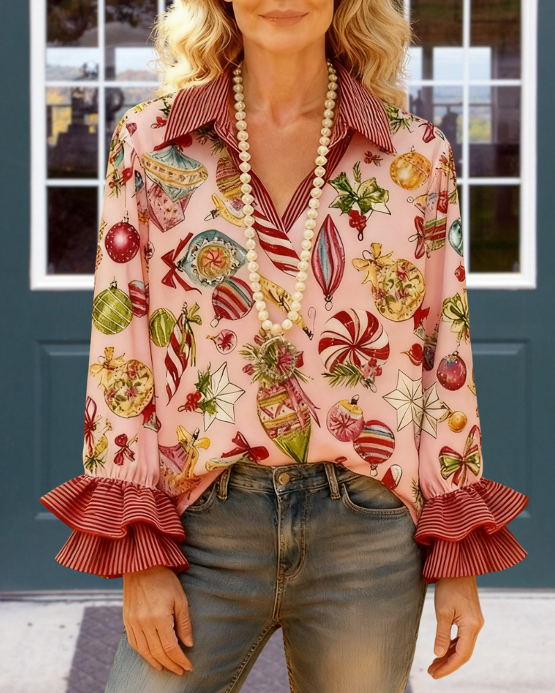 Christmas Themed Gift Striped Trim Top