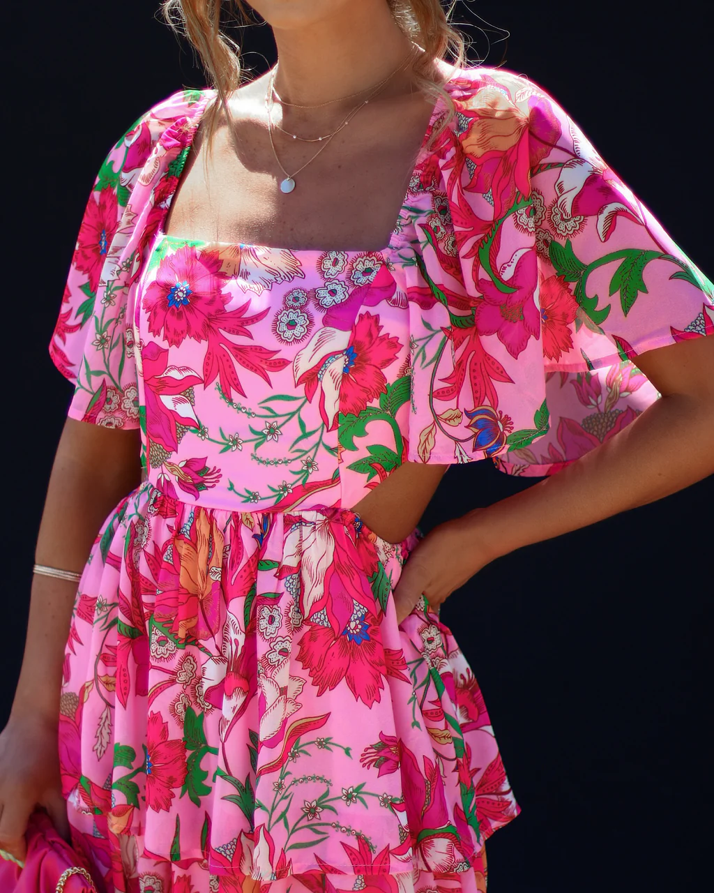 Floral Tiered Cutout Midi Dress