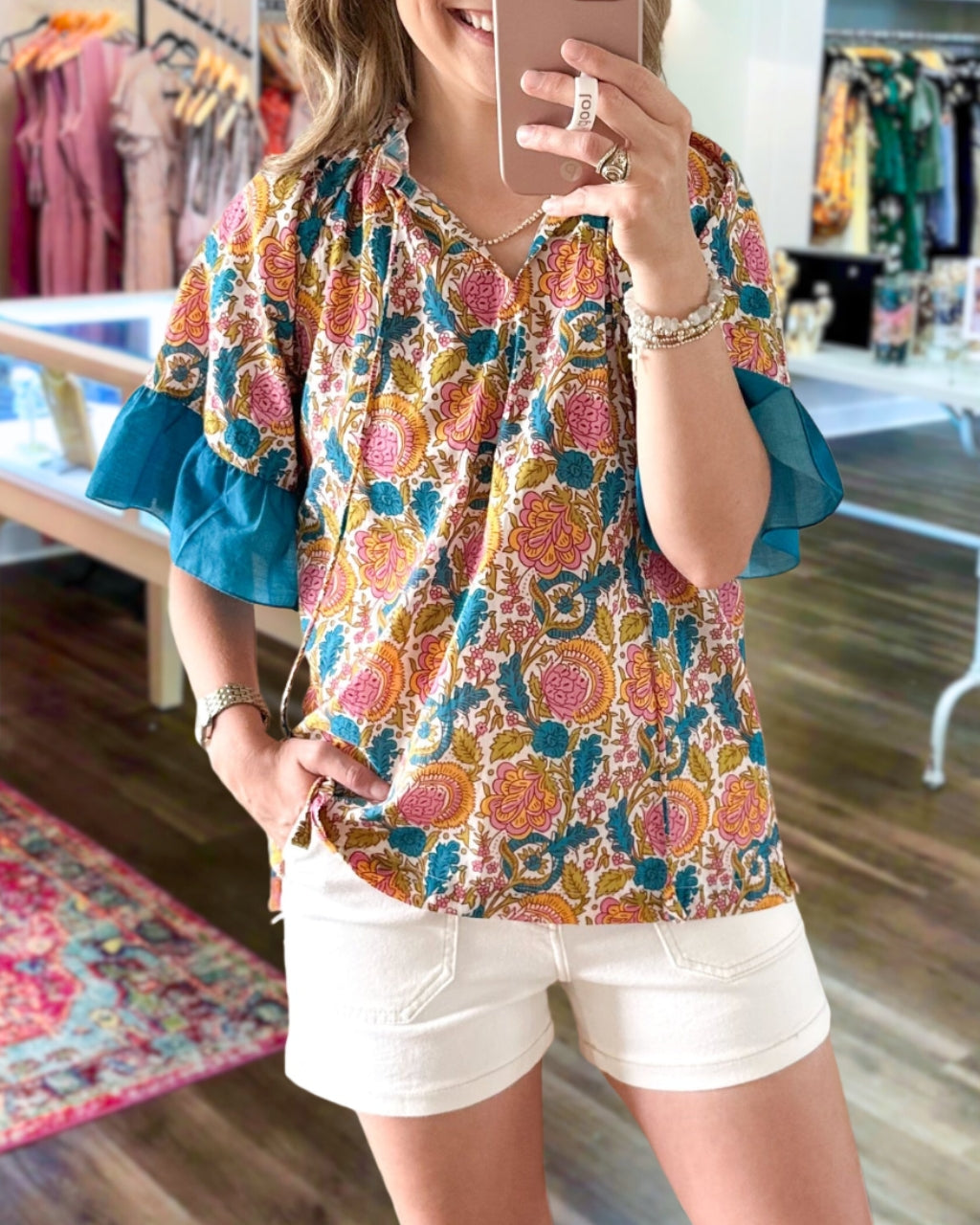 Colorful Floral Bell Sleeves Top