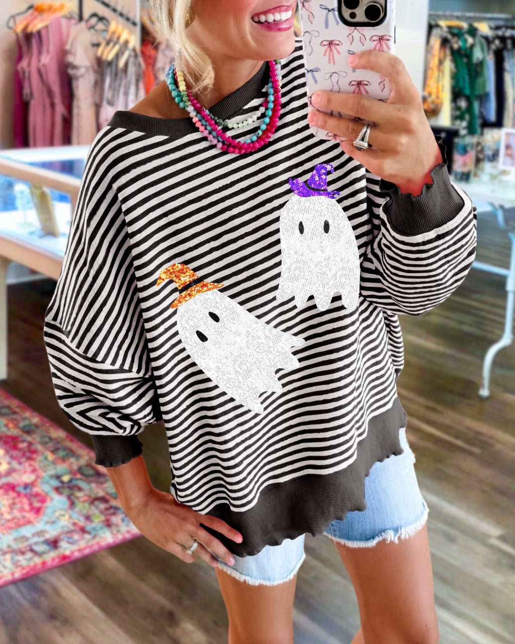 Sequin Ghost Striped Pullover