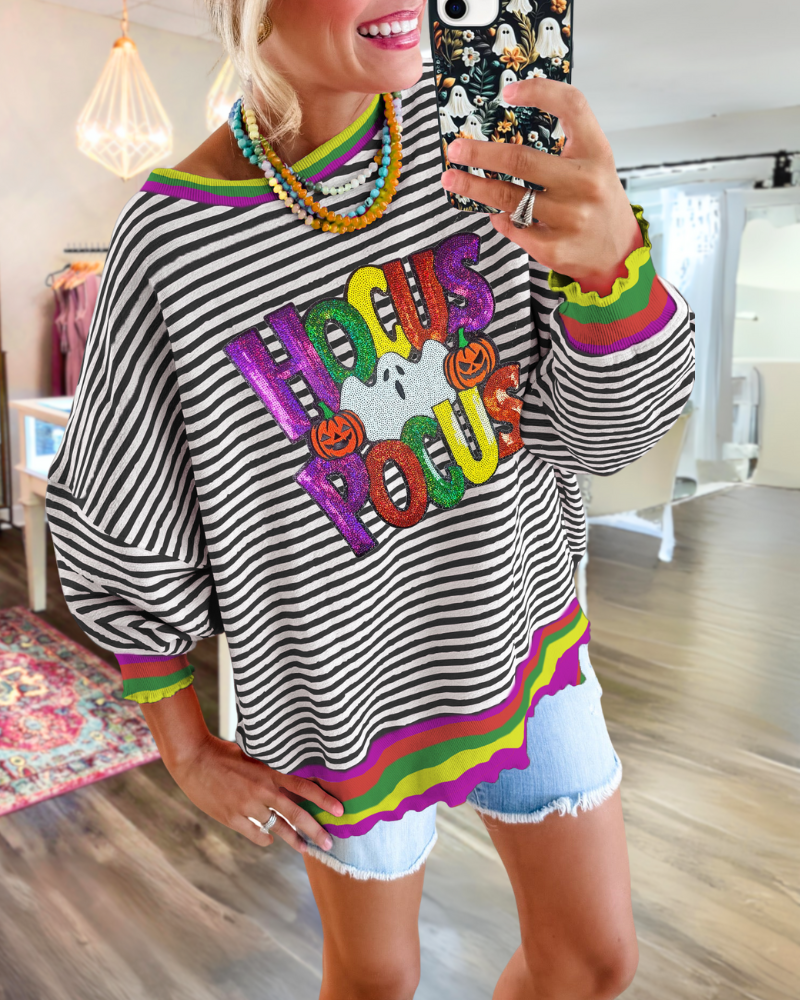 Fun Halloween Themed Sequin Striped Sweatshirt
