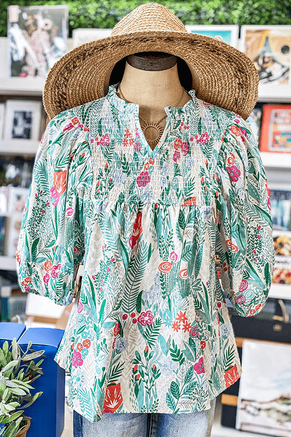 Cotton Ruffle Smocked V-Neck Blouse