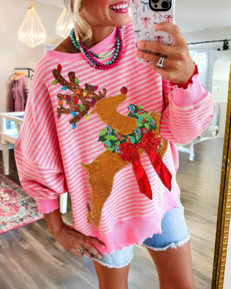 Reindeer Embroidered Striped Sweatshirt