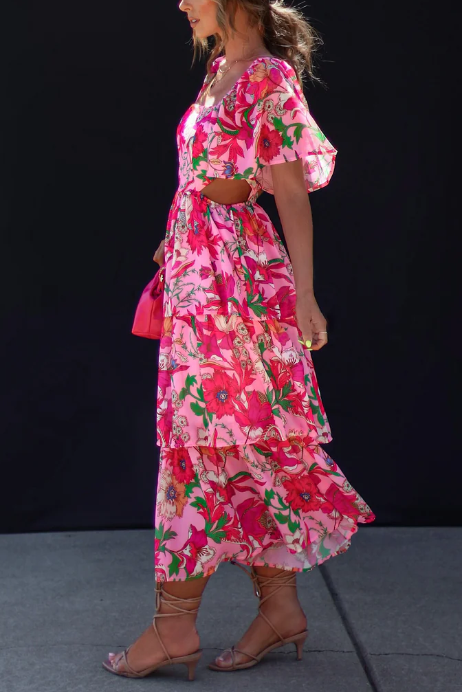 Floral Tiered Cutout Midi Dress