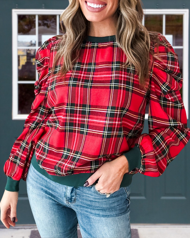 Festive Plaid Crew Neck Top
