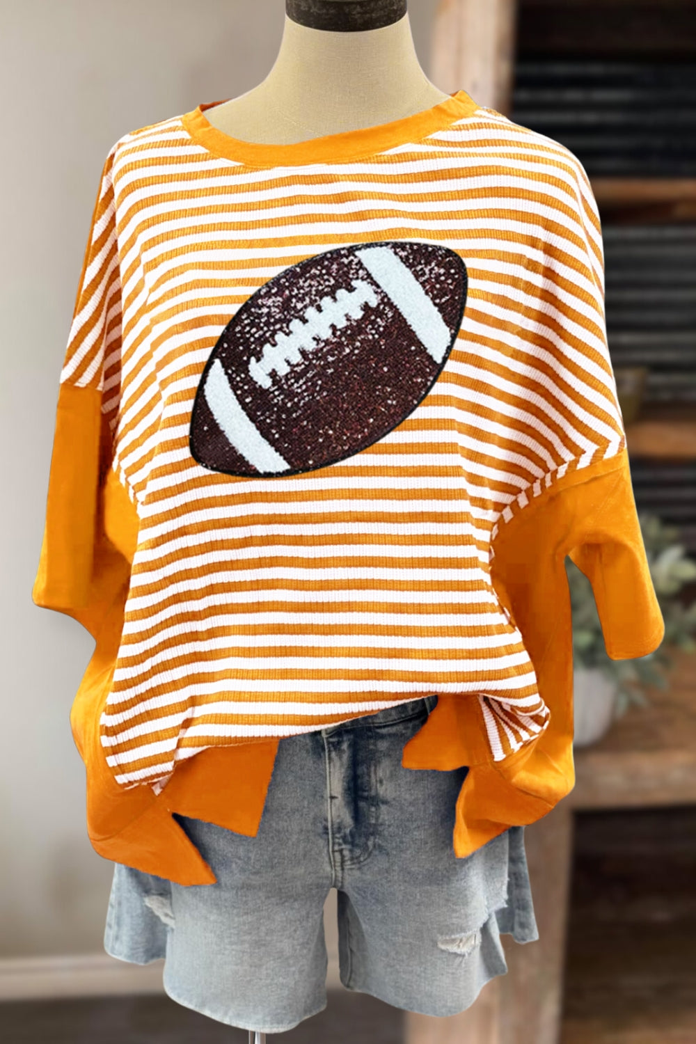 Glittery Football Striped Oversized Tee