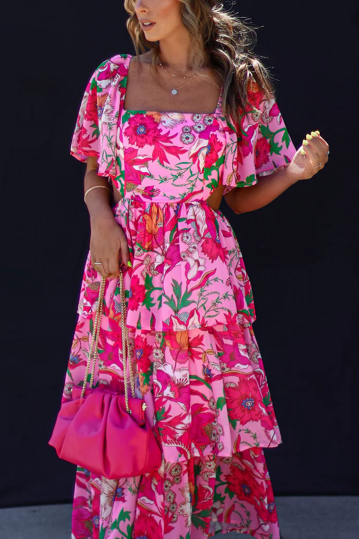 Floral Tiered Cutout Midi Dress