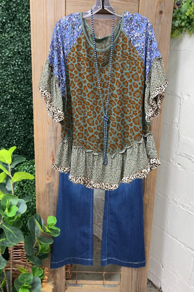 Leopard Floral Ruffle Crewneck Top