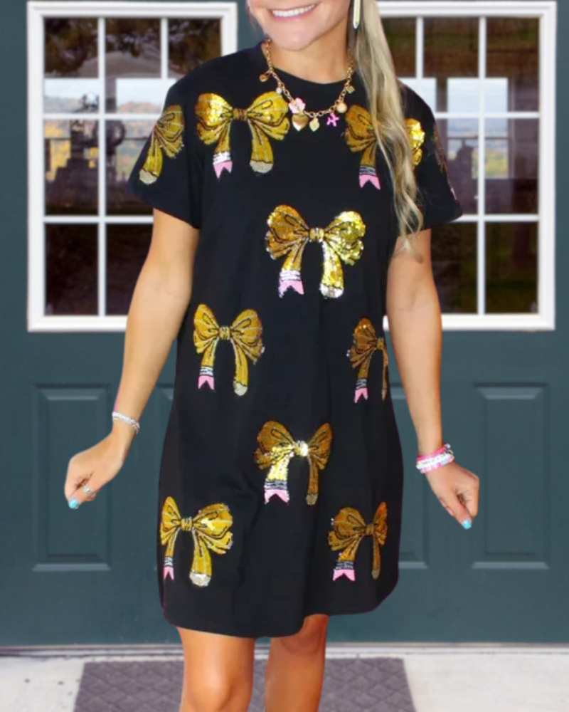 Shiny Bow Sequin Mini Dress