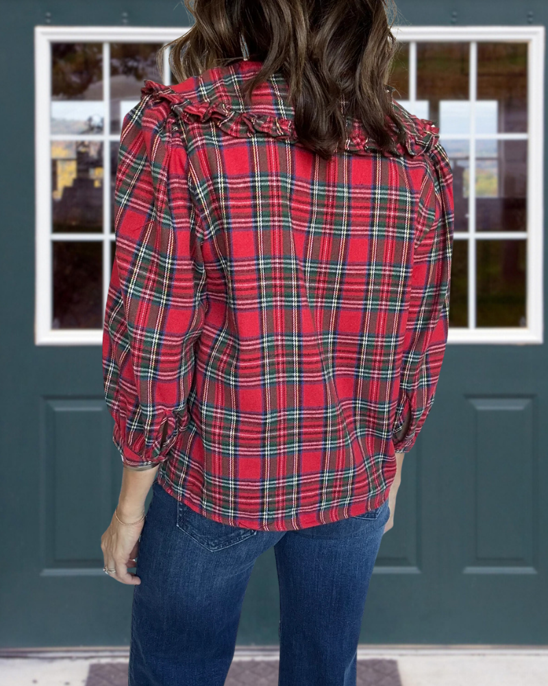 Plaid Ruffled Collar Button Blouse