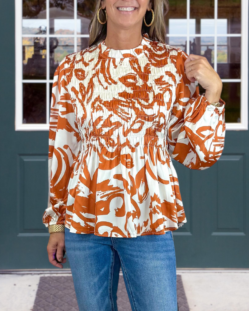 Abstract Print Smocked Top