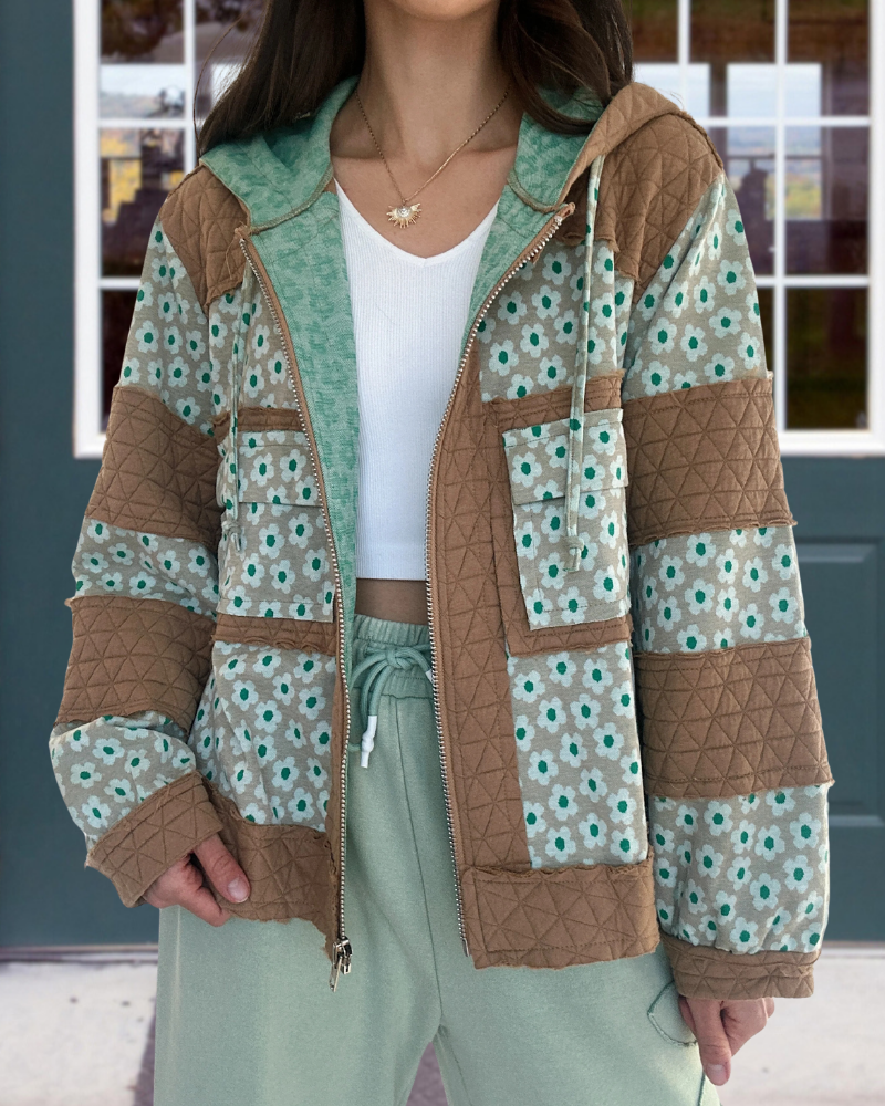Floral Zip-Up Hooded Quilted Jacket