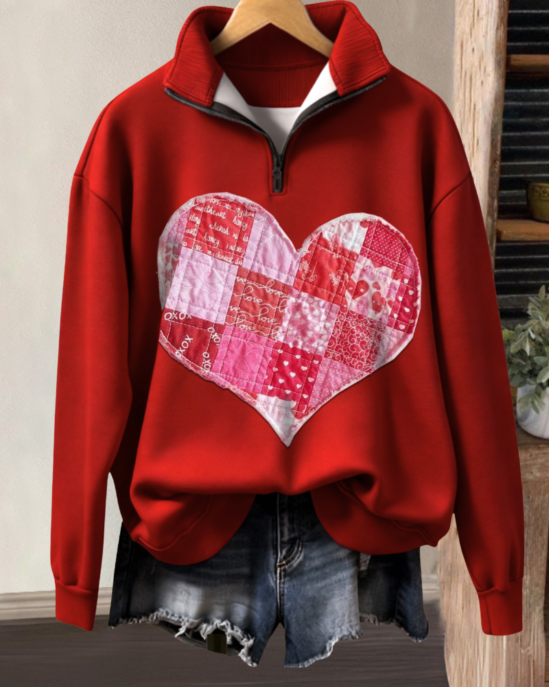 Heart-patterned Plaid Half-zip Pullover
