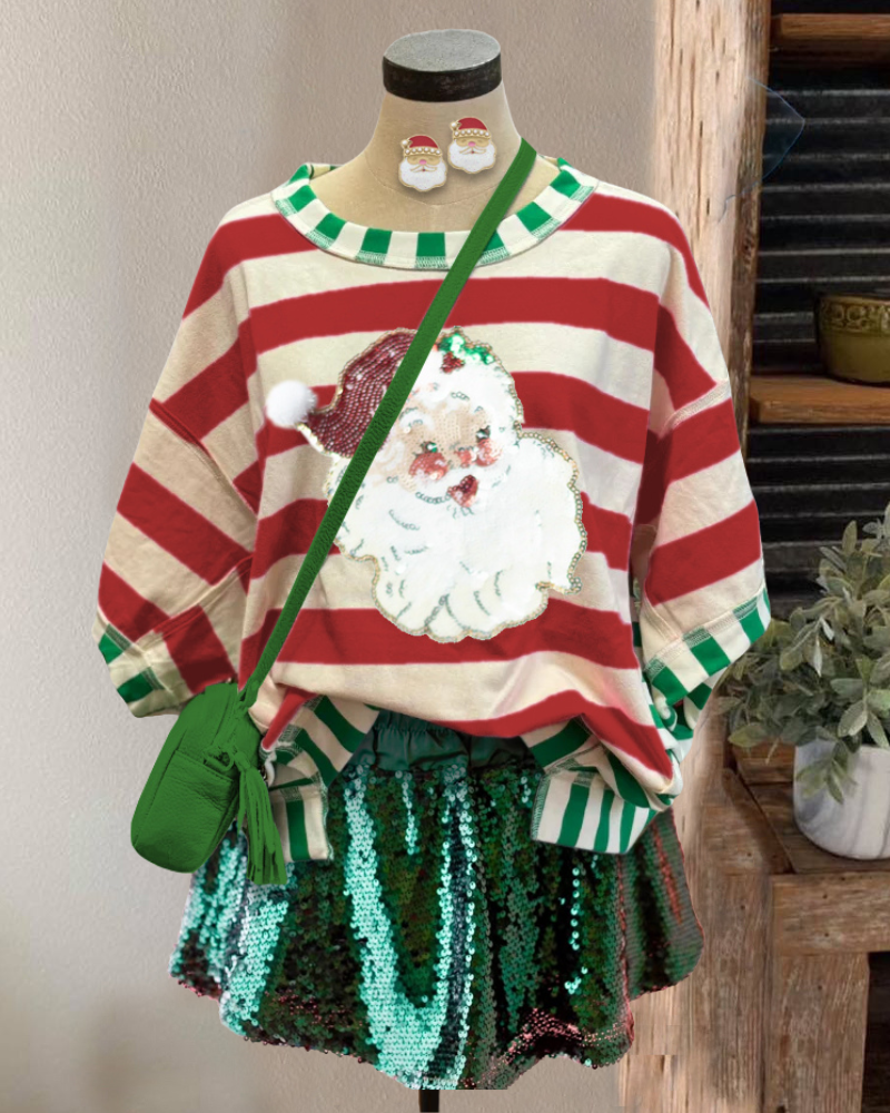 Santa Claus Sequin Striped T-shirt