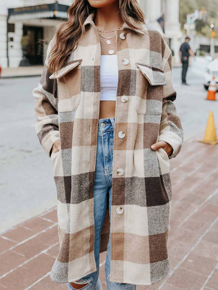 Long Button Down Front Plaid Shacket Camel