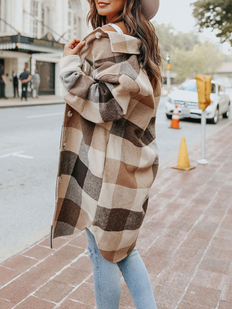 Long Button Down Front Plaid Shacket Camel