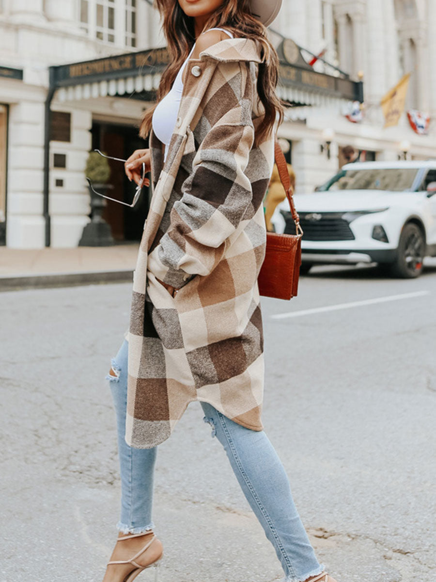 Long Button Down Front Plaid Shacket Camel