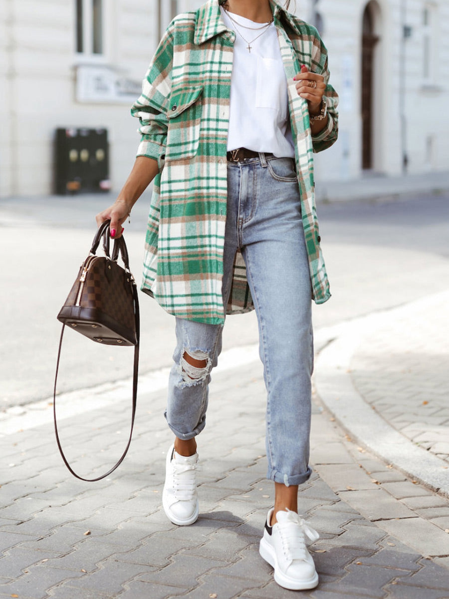 Plaid Pocketed Oversized Long Sleeve Shirt