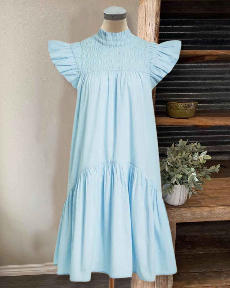 Elegant Solid Color Ruffle Sleeve Midi Dress