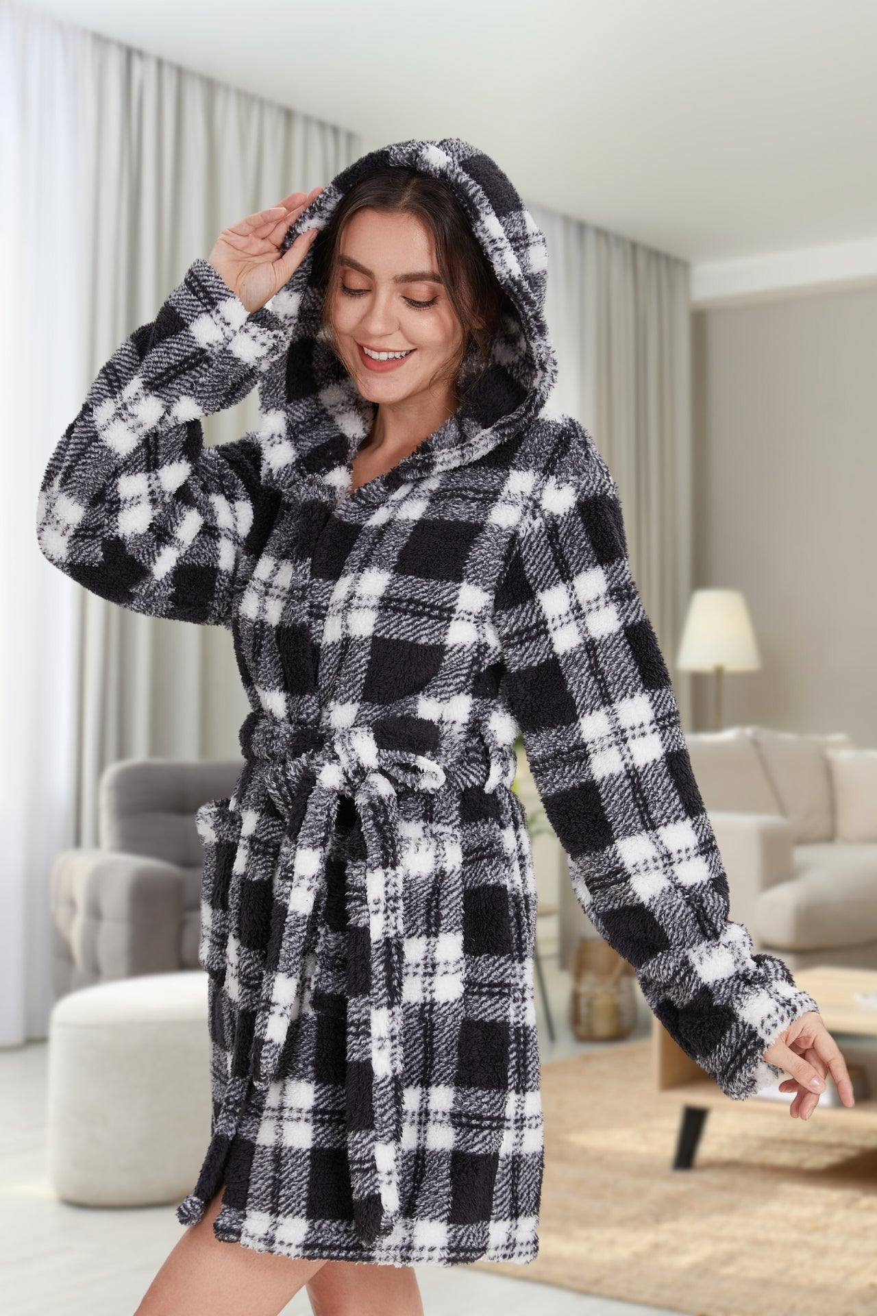 Plush Hooded Plaid Robe