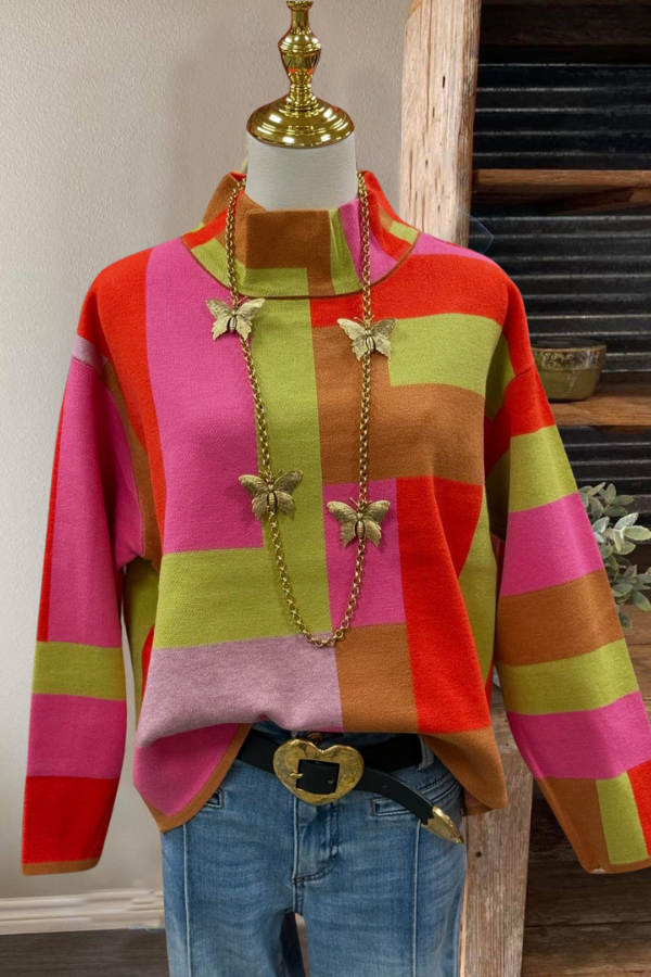 Mixed Color Block Turtleneck Sweatshirt