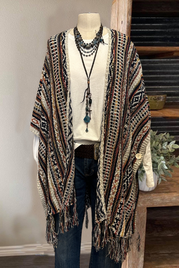 Bohemian Striped Fringed Cape Cardigan