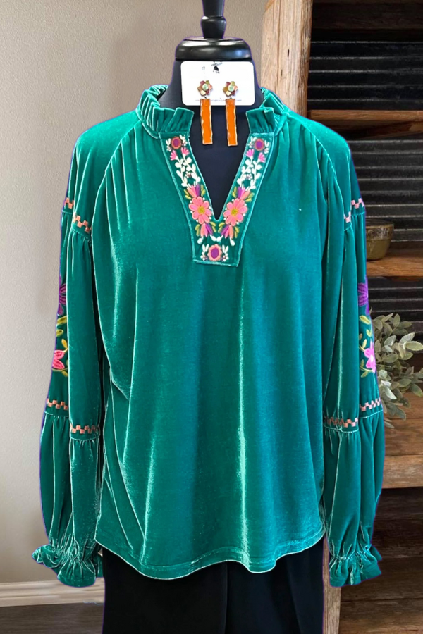 Floral Velvet Embroidered V-neck Top