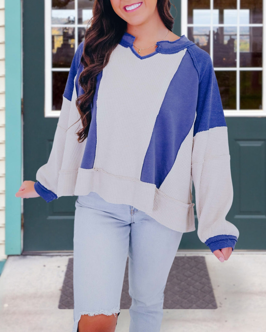 Color Block Waffle Oversized Pullover