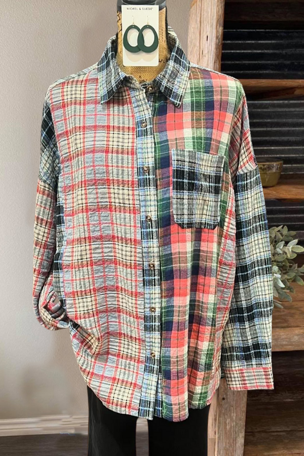 Oversized Distressed Colorblock Plaid Shirt