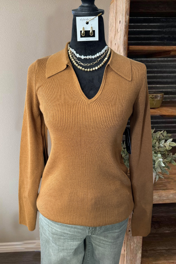 Ribbed V-neck Lapel Top