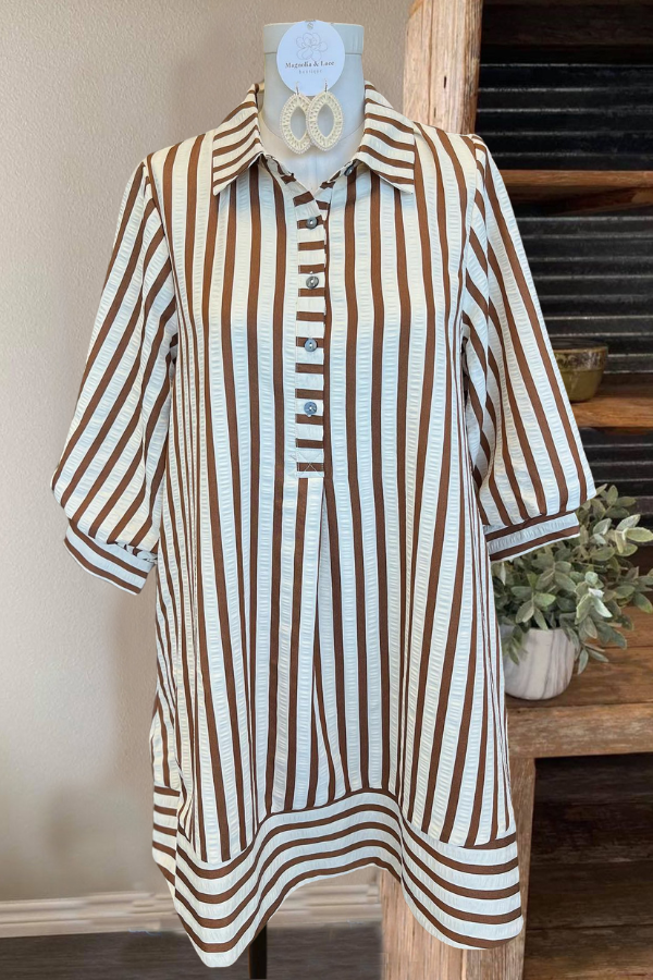 Puff Striped Half-open Collar Mini Dress