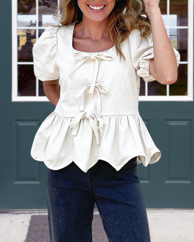 Square Neck Puff Sleeve Peplum Top