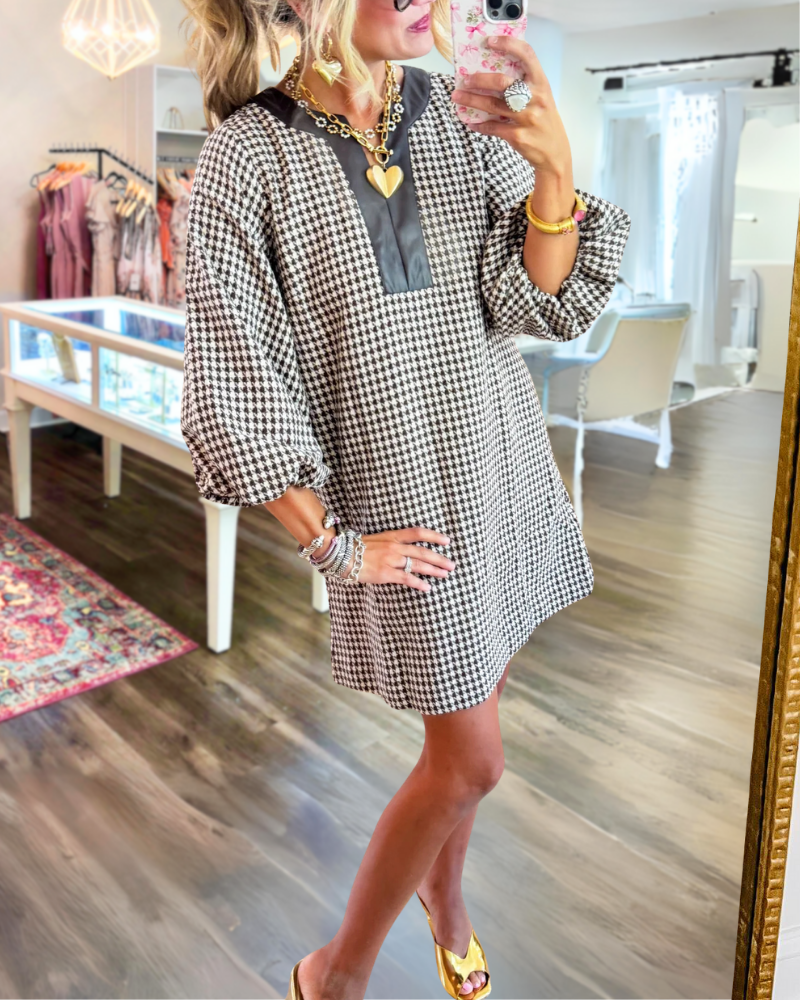 Woolen Houndstooth Puff Sleeve Dress