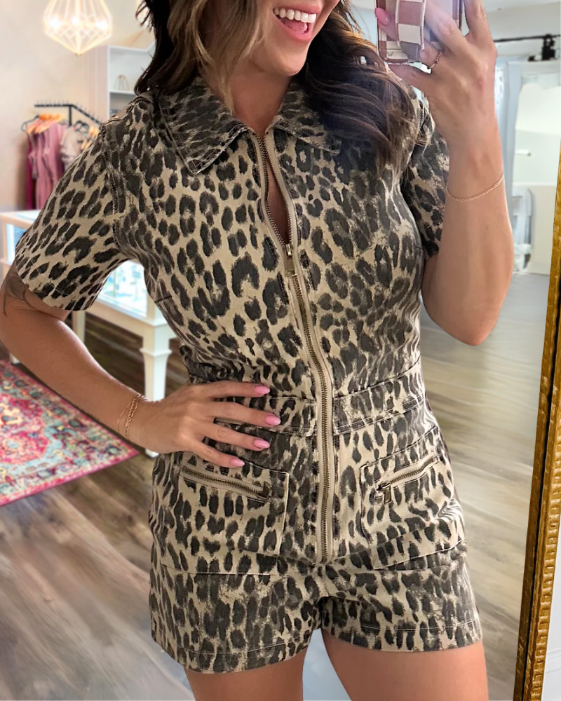 Trendy Leopard Washed Zipper Jumpsuit