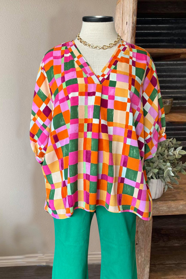 Oversized Colorful Plaid V-neck Top