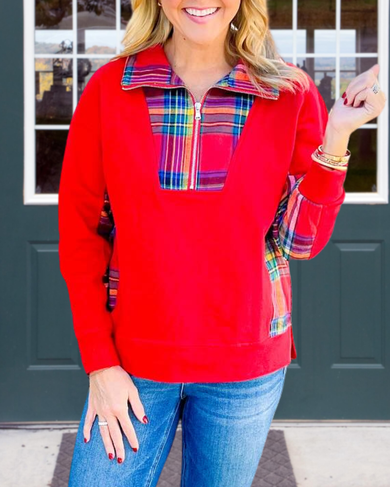 Check Patchwork Half-Zip Pullover