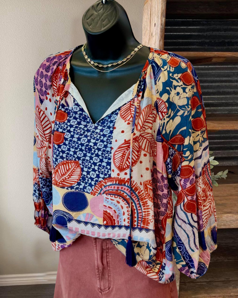 Bohemian Colorful Floral V-Neck Top