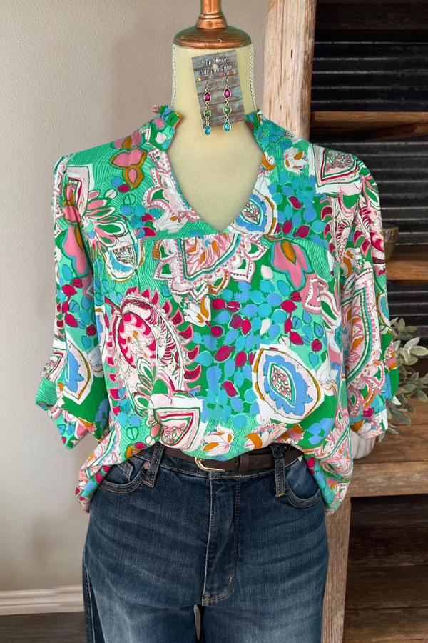 Mixed Print Pleated V-Neck Top